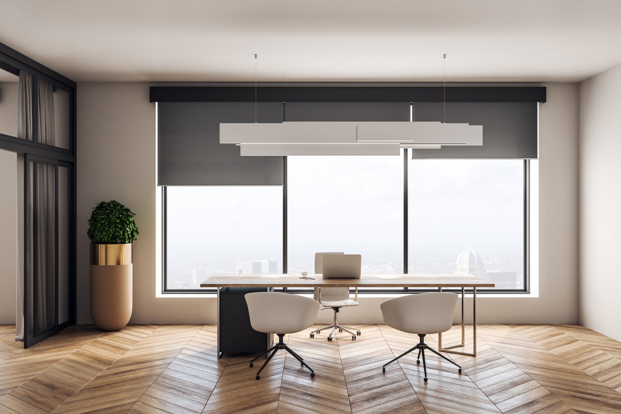 Modern office interior with desktop and chairs, window with city view and daylight, wooden floor and concrete walls. 3D Rendering